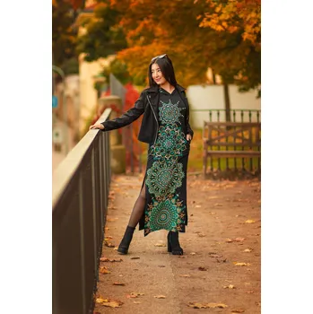 Dámské šaty Himalife Dlouhé šaty s kapucí Hanalei - černá s tyrkysovou a žlutou Velikost: 3XL - Móda pro plnoštíhlé, Oblečení nadměrné velikosti