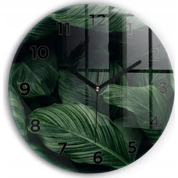 Hodiny Minimalistické Kulatý Skleněné Nástěnné Hodiny Tropická monstera průměr 30 cm