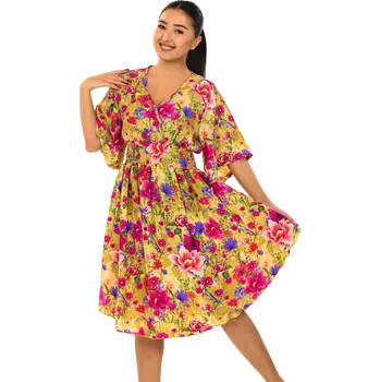 Dámské šaty Himalife Šaty s širokými rukávy Flora - žluté s barvami Velikost: L/XL - Móda pro plnoštíhlé, Oblečení nadměrné velikosti