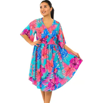 Dámské šaty Himalife Šaty s širokými rukávy Ilikai - tyrkysová s růžovou Velikost: 4XL/5XL - Móda pro plnoštíhlé, Oblečení nadměrné velikosti