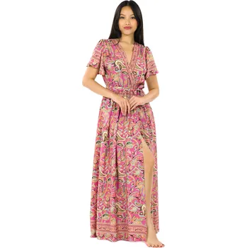 Dámské šaty Himalife Dlouhé zavinovací šaty Paisley - růžová s tyrkysovou Velikost: S/M