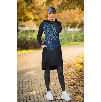 Dámská mikina Himalife Šatomikina s maxi kapucí Maia - černá s modrou Velikost: 3XL - Móda pro plnoštíhlé, Oblečení nadměrné velikosti