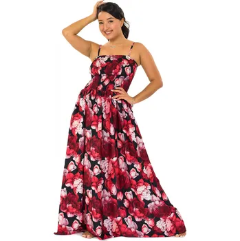 Dámské šaty Himalife Dlouhé šaty s kapsami Pivoňka - černá s červenou Velikost: L/XL - Móda pro plnoštíhlé, Oblečení nadměrné velikosti