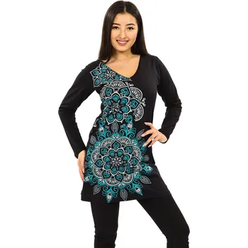 Dámské šaty Himalife Tunika s dlouhým rukávem Amira - černá s tyrkysovou Velikost: 4XL - Móda pro plnoštíhlé, Oblečení nadměrné velikosti