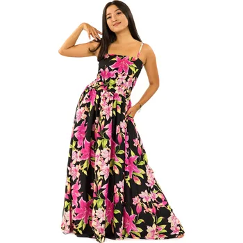 Dámské šaty Himalife Dlouhé šaty s kapsami Lilie - černá s růžovou Velikost: S/M