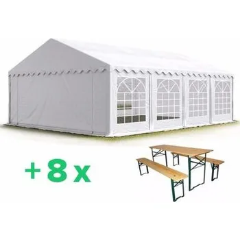 Zahradní stan AKČNÍ SADA: Párty stan 5x8m Premium Ohnivzdorný + 8ks PIVNÍ SETY 200x50cm Premium barva Zeleno-bílá