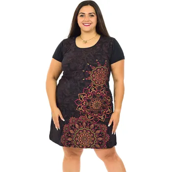 Dámské šaty Himalife Šaty s krátkým rukávem Damsa - černá s červenou a oranžovou Velikost: XL - Móda pro plnoštíhlé, Oblečení nadměrné velikosti