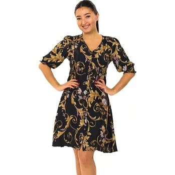 Dámské šaty Himalife Košilové šaty s 3/4 rukávem Zahara - černé s růžovou a zlatou Velikost: 3XL - Móda pro plnoštíhlé, Oblečení nadměrné velikosti