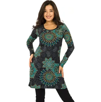 Dámské šaty Himalife Šaty s dlouhým rukávem Sambora - černá s tyrkysovou a žlutou Velikost: XXL - Móda pro plnoštíhlé, Oblečení nadměrné velikosti