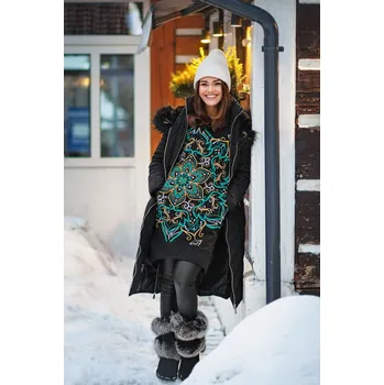 Dámská mikina Himalife Šatomikina s maxi kapucí Subira - černá s tyrkysovou a béžovou Velikost: 4XL - Móda pro plnoštíhlé, Oblečení nadměrné velikosti