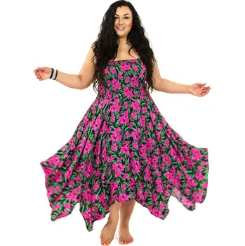 Dámské šaty Himalife Šaty-sukně 2v1 Dawa Plumeria - zelená s růžovou Velikost: L/XL - Móda pro plnoštíhlé, Oblečení nadměrné velikosti