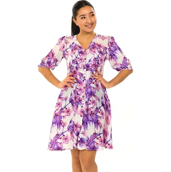 Dámské šaty Himalife Košilové šaty s 3/4 rukávem Sakura - bílé s fialovou a růžovou Velikost: 3XL - Móda pro plnoštíhlé, Oblečení nadměrné velikosti