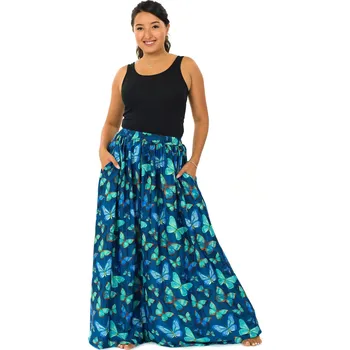 Dámská sukně Himalife Maxi sukně s kapsami Motýli - modrá s tyrkysovou Velikost: S/M
