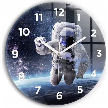 Hodiny Moderní skleněné nástěnné hodiny s potiskem Astronaut nad Zemí průměr 30 cm