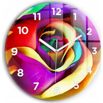 Hodiny Moderní skleněné nástěnné hodiny s potiskem Duhová růže kulatý průměr 30 cm