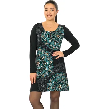 Dámské šaty Himalife Šaty s dlouhým rukávem Adra - černá s tyrkysovou a žlutou Velikost: 4XL - Móda pro plnoštíhlé, Oblečení nadměrné velikosti