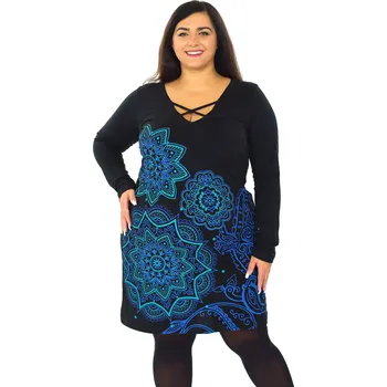 Dámské šaty Himalife Šaty s dlouhým rukávem Zara - černá s tyrkysovou a modrou Velikost: XXL - Móda pro plnoštíhlé, Oblečení nadměrné velikosti