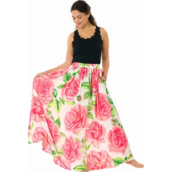 Dámská sukně Himalife Maxi sukně s kapsami Lara - bílá s růžovou Velikost: L/XL - Móda pro plnoštíhlé, Oblečení nadměrné velikosti