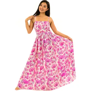 Dámské šaty Himalife Dlouhé šaty s kapsami Taina - bílá s růžovou Velikost: S/M