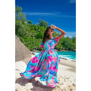 Dámské šaty Himalife Dlouhé zavinovací šaty Ilikai - tyrkysová s růžovou Velikost: L/XL - Móda pro plnoštíhlé, Oblečení nadměrné velikosti