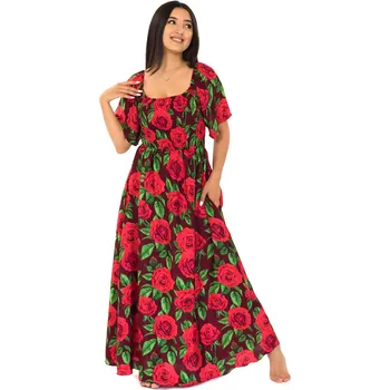 Dámské šaty Himalife Dlouhé šaty Růže - hnědá s červenou Velikost: L/XL - Móda pro plnoštíhlé, Oblečení nadměrné velikosti