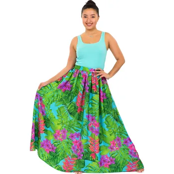 Dámská sukně Himalife Maxi sukně s kapsami Monstera - tyrkysová s barvami Velikost: L/XL - Móda pro plnoštíhlé, Oblečení nadměrné velikosti