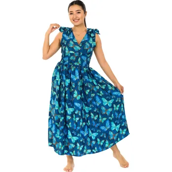 Dámské šaty Himalife Šaty se širokými ramínky Motýli - modrá s tyrkysovou Velikost: XXL/3XL - Móda pro plnoštíhlé, Oblečení nadměrné velikosti