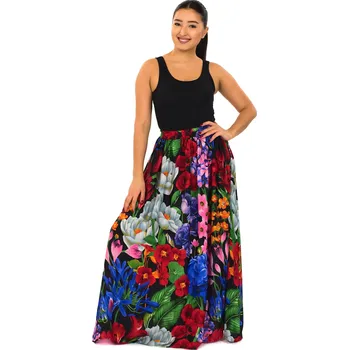 Dámská sukně Himalife Maxi sukně s kapsami Botanica - černá s barvami Velikost: XXL/3XL - Móda pro plnoštíhlé, Oblečení nadměrné velikosti