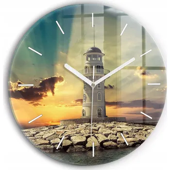 Hodiny Skleněné nástěnné hodiny do obýváku s grafikou Maják na vodě průměr 30 cm