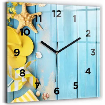 Hodiny Skleněné nástěnné hodiny do kanceláře s motivem plážových doplňků a prken 30x30 cm