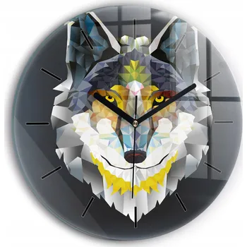 Hodiny Skleněné moderní foto hodiny na zeď s plynoucími ručičkami - Hlava vlka, průměr 30 cm