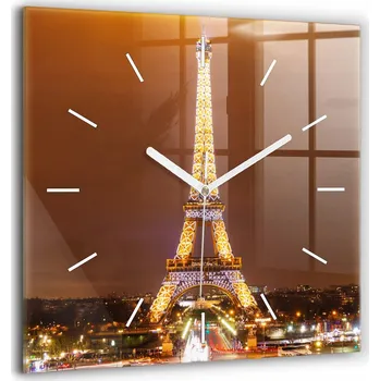Hodiny Skleněné nástěnné hodiny do kanceláře S Potiskem Osvětlená Eiffelova věž 60x60 cm