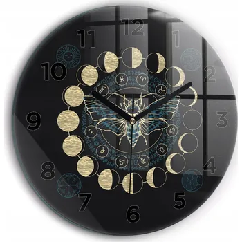 Hodiny Skleněné nástěnné hodiny Fáze měsíce a hmyz kulatý černé ručičky průměr 60 cm