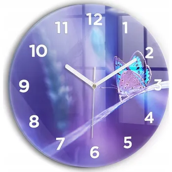 Hodiny Moderní skleněné hodiny s grafikou na zeď Motýl v trávě kulatý průměr 30 cm