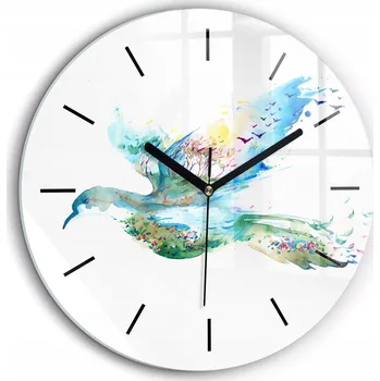 Hodiny Moderní skleněné nástěnné hodiny Abstrakce ptáka a jara kulatý průměr 60 cm