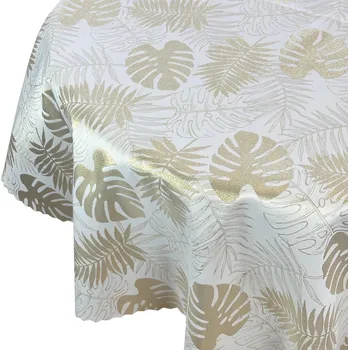 ubrus Kulatý ubrus odolný proti skvrnám, motiv Listy Monstera, bílý a zlatý, průměr 120 cm