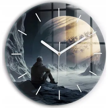 Hodiny Moderní skleněné hodiny s grafikou na zeď Muž na pozadí měsíce průměr 30 cm