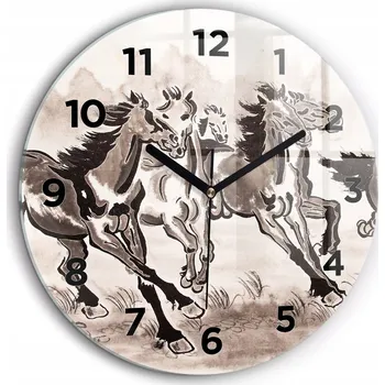 Hodiny Moderní skleněné nástěnné hodiny Cválající koně černé ručičky průměr 60 cm