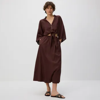 Dámská sukně Reserved - Midi sukně s příměsí lnu - tmavě hnědá - VX397-89X - VX397-89X-XS