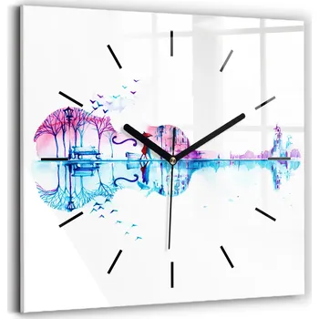 Hodiny Skleněné nástěnné hodiny do kanceláře se vzorem violoncella, park, jezero 30x30 cm