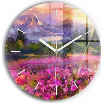 Hodiny Čtvercové Skleněné Nástěnné Hodiny do Obýváku Louka při západu slunce fi30 cm