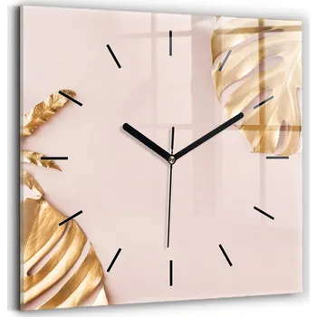 Hodiny Skleněné nástěnné hodiny do obýváku s grafikou zlatých tropických listů 30x30 cm