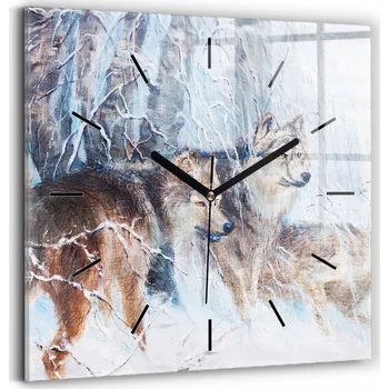 Hodiny Čtvercové skleněné nástěnné hodiny do obýváku se vzorem Vlci v lese 30x30 cm