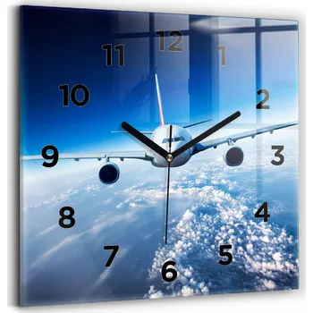 Hodiny Čtvercové Skleněné Nástěnné Hodiny do Kanceláře se Vzorem Letadlo Oblaka 30x30 cm