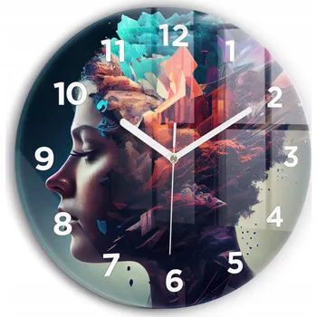 Hodiny Moderní skleněné nástěnné hodiny Abstrakce žena kulatý průměr 30 cm