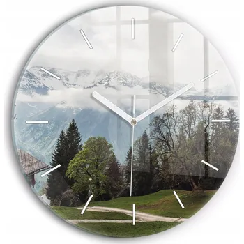 Hodiny Moderní skleněné nástěnné hodiny s potiskem Výhled na hory kulatý průměr 30 cm