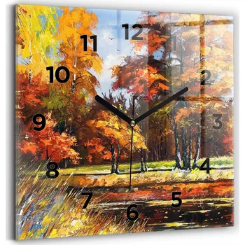 Hodiny Čtvercové Skleněné Nástěnné Hodiny s Motivem Podzimní krajina s řekou 30x30 cm