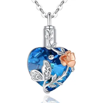 Náhrdelník Stříbrný pietní náhrdelník - Modré Swarovski srdce s růží a motýlem