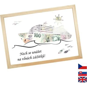 Žertovný předmět Rámeček na darování peněz - Dovolená - plavba lodí, Nápis česky, Rámeček 917 - dřevo - borovice