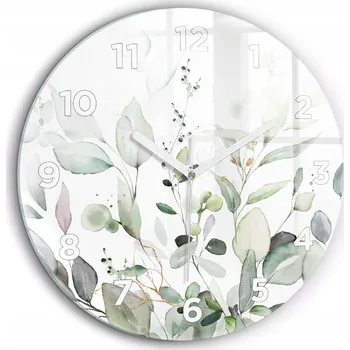 Hodiny Čtvercové Skleněné Nástěnné Hodiny do Obýváku s Motivem Rostliny Listy fi60 cm